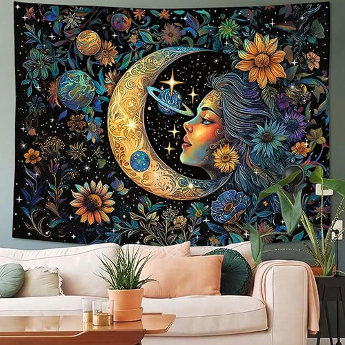 Accnicc Sun and Moon Tapestry for Bedroom Hippie Boho Floral Flower Plant Wall Tapestry Aesthetic Vintage Celestial Spiritual Extra Large Tapestries Wall Hanging for Living Room Dorm 90 x 68 Inch