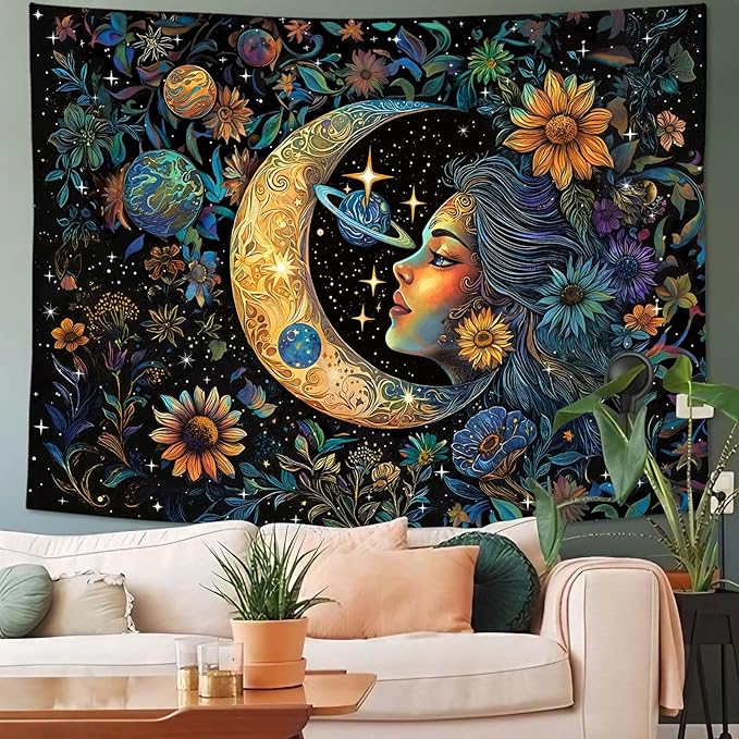 Accnicc Sun and Moon Tapestry for Bedroom Hippie Boho Floral Flower Plant Wall Tapestry Aesthetic Vintage Galaxy Celestial Star Spiritual Large Tapestries Wall Hanging for Living Room Dorm 48 x 36 Inch
