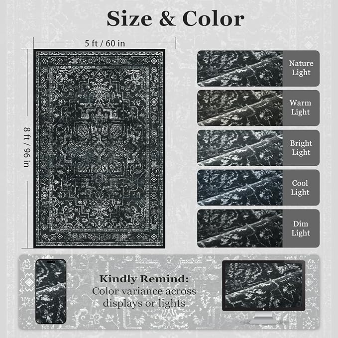 Vintage Dark Area Rugs 5x8, Non Slip Washable Rug for Living Room Bedroom, Medallion Distressed Printed Low Pile Thin Carpet Rugs for Dining Room/Kitchen/Home Office, Black and White