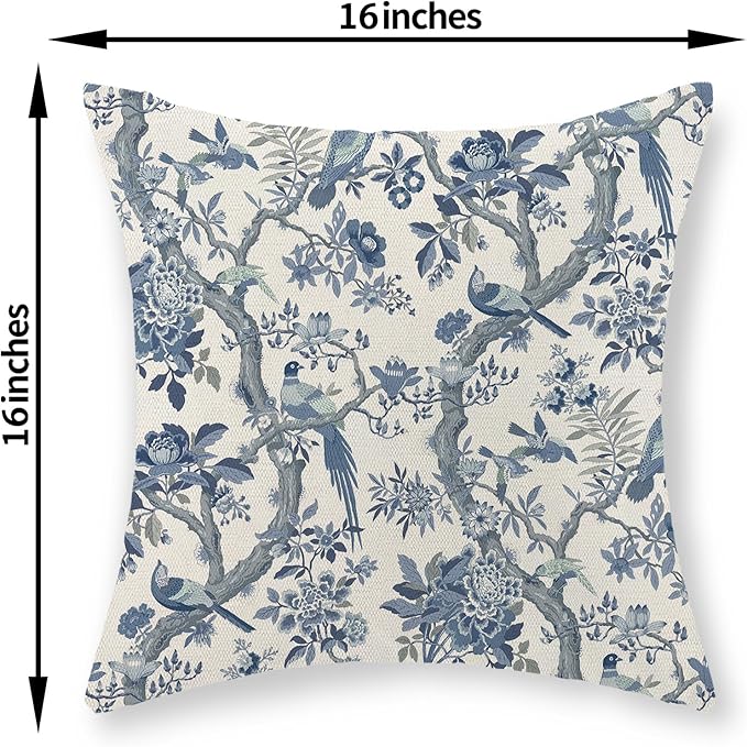 Chinoiserie Pillow Covers 16x16 Set of 2 Blue and White Bird Floral Throw Pillows Vintage Blue Flowers Decorations Outdoor Pillowcase Chinoiserie Decor Farmhouse Cushion Case for Couch Home