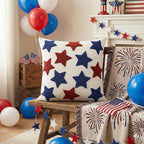 AVOIN colorlife 4th of July Patriotic Red Blue Stars Embroidered Throw Pillow Covers, 18 x 18 Inch Independence Day Decor Tufted Patterned Linen Cushion Case for Sofa Couch Set of 2