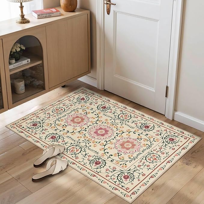 Door Mat Floral Entryway Rug, Washable Samll 2x3 Rugs, Boho Yellow Front Door Mats, Non Slip & Low Pile Throw Accent Carpet for Indoor Entrance, Bathroom and Kitchen(Yellow 2x3ft)
