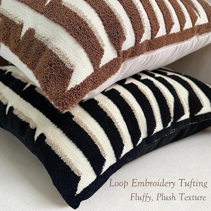20"x20" Black Cream Stripe Tufted Pillow Covers Luxury Geometric Accent Pillows Soft Woven Decorative Pillow Cases for Couch, Sofa, Bedroom Décor (Black, 20"×20")