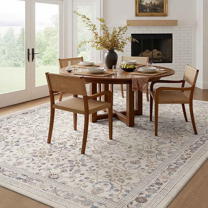 MontVoo-Vintage Area Rug 9X12 Beige Rugs for Living Room-Soft Distressed Printed Rugs for Bedroom-Non Slip Carpet-Machine Washable Rug for Dining Room Living Room Bedside Office