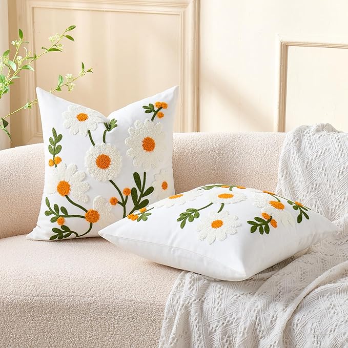 Embroidered Floral Throw Pillow Covers Decorative Tufted Couch Pillow Covers White Flowers Farmhouse Pillow Covers 20x20 Square Summer Cushion Cases Set of 2 for Living Room Couch Sofa Bed Home Decor