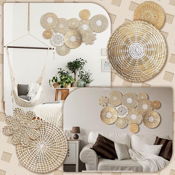 11 Pcs Boho Hanging Wall Basket Decor Handmade Woven Basket Wall Decorative Boho Wicker Baskets Placemats Round Farmhouse Bulrush Art for Rustic Home Decorations Christmas Gift(Fresh)