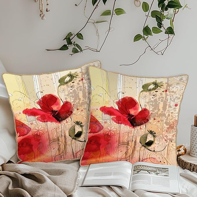KSLIDS Red Poppy Flower Soft Velvet Throw Pillow Covers Set of 2 Watercolor Art Flower Decorative Pillow Covers 16x16 Inch Retro Beige Pillow Case for Sofa Couch Living Room Farmhouse Home Decor