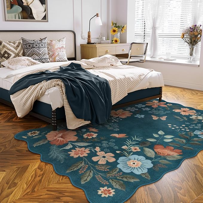 Lahome Floral Washable Area Rug, Ultra-Thin Soft Non-Slip Stain Resistant Lightweight Boho Rug for Living Room, Bedroom, Dining Room, Office Flore (5x7ft, Navy Blue)