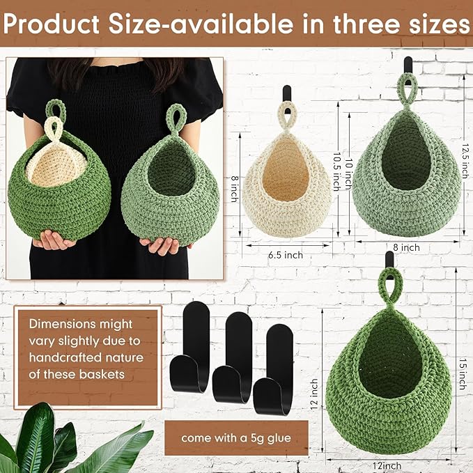 Honeydak Boho Decor Hanging Wall Baskets for Kitchen 3 Pack Teardrop Baskets with Hooks Storage Fruit Onion Vegetable Potato for Home 3 Sizes