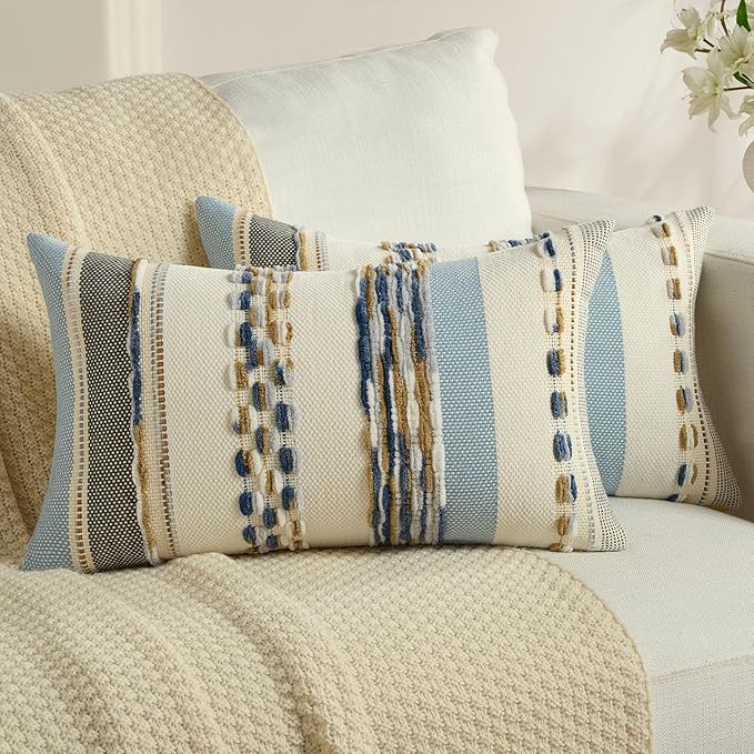FUTEI Navy Brown Decorative Throw Pillow Covers 12x20 Inch Set of 2, Soft Tufted Striped Textured Accent Pillow Case,Boho Pillows for Couch Decor