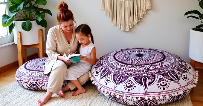 CRAFT KALA Round Mandala Meditation Cushion Cover, Floor Pillow or Cushions Cover, Yoga Seat Cover Seating Poufs Cover for Living Room 32", Pink Trishul
