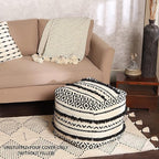 REDEARTH · UNSTUFFED Pouf Ottoman Cover Textured Boho Storage Cube Bean Bag Farmhouse Poof Pouffe Footrest for Living Room, Bedroom, Kidsroom; 100% Cotton (18"X18"X18"; Black Natural)