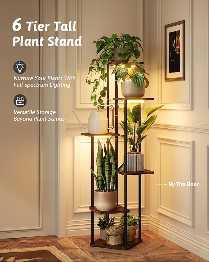 Plant Stand with Grow Light for Indoor Plants Corner Plant Stand 6 Tier Metal Plant Shelf Tall Plant Stand Plant Table Flower Stand for Living Room Bedroom Balcony Patio Brown Oak