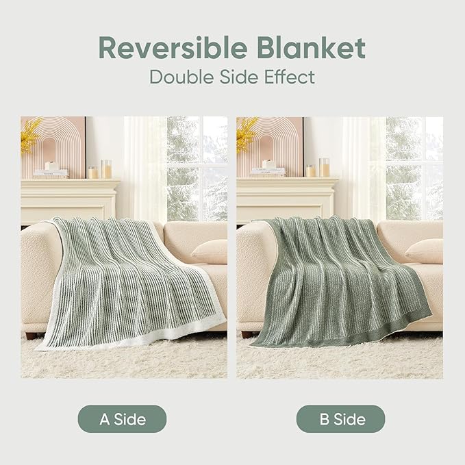 Snuggle Sac Warm Throw Blanket for Couch, Fuzzy Microfiber Knit Stripe Blankets for Couch, Sofa, Travel, Green Cream, 50x60 inches