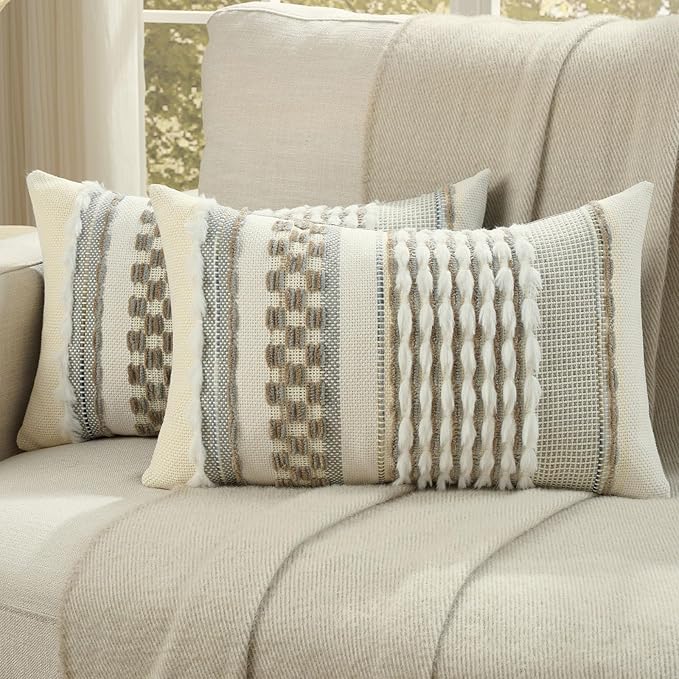 FUTEI Brown Grey Accent Throw Pillow Covers Set of 2, 12x20 Inch Plush Tufted Striped Textured Decorative Pillow Cases for Farmhouse Boho Couch Decor