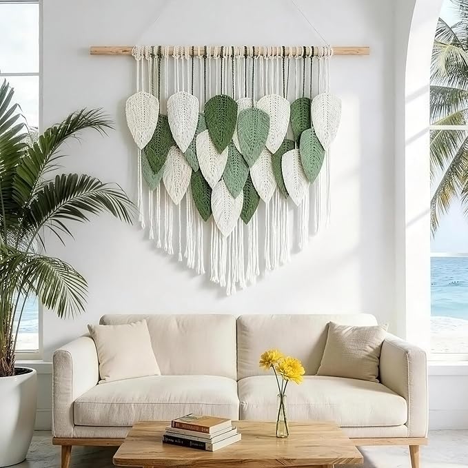 NYEONHRT Large Macrame Wall Hanging Handmade Boho Leaf and Feather Tapestry for Modern Home Decor Perfect Wall Art for Living Room Bedroom Nursery Apartment Backdrop 39x31 Inch (White green)