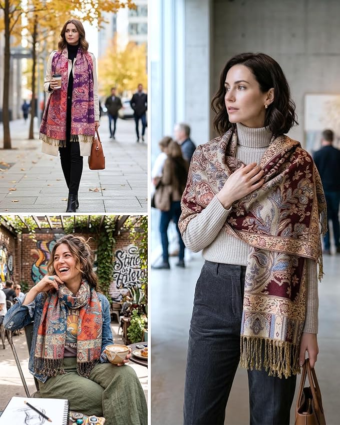Achillea Reversible Paisley Pashmina Rave Scarf – Exotic Indian Shawls and Wraps for Evening Dresses, Festivals, All Seasons