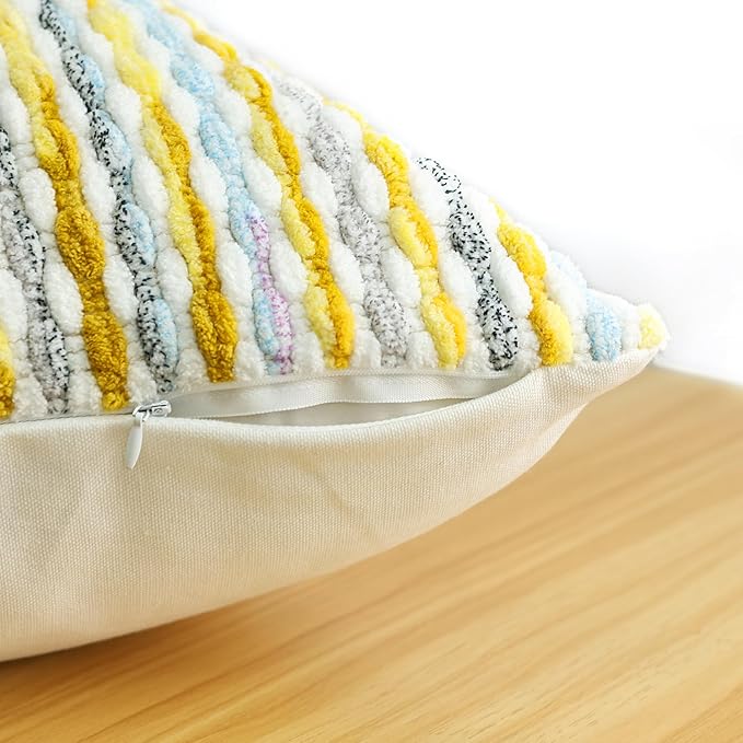 Boho Chenille Striped Pillow Cover 18x18 Inch, Decorative Pillow Cover for Couch Bed Sofa Living Room Bedroom Farmhouse Modern Home Decor Accent Pillowcases Set of 1, Yellow White
