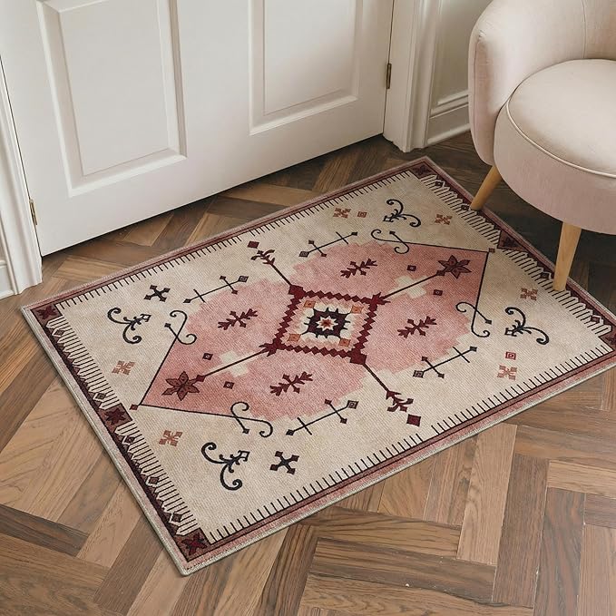 GENIMO Area Rug 2x3 Doormat, Machine Washable Low Pile Rugs, Small Retro Chenille Entryway Mat for Entrance, Hallway, Kitchen and Corridor, Blush