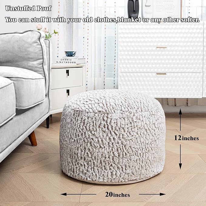Asuprui Pouf Ottoman Unstuffed Ottoman Foot Rest No Filler Soft Fur Foot Stool 20x20x12 Inches Fuzzy Chair Floor Pouf Chair with Storage for Living Room Bedroom Snow Coffee