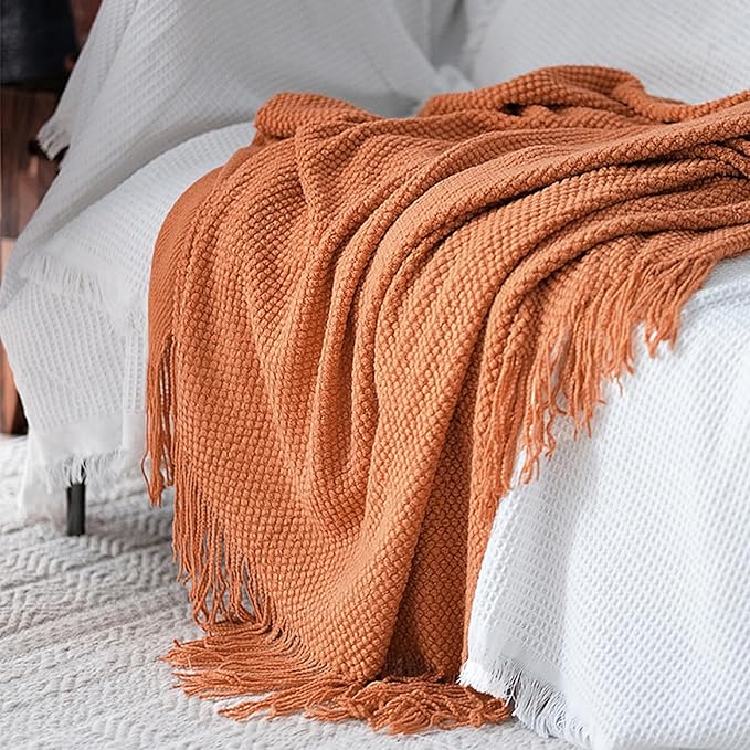 LOMAO Knitted Throw Blanket with Tassels Bubble Textured Lightweight Throws for Couch Cover Home Decor (Orange, 50x60)