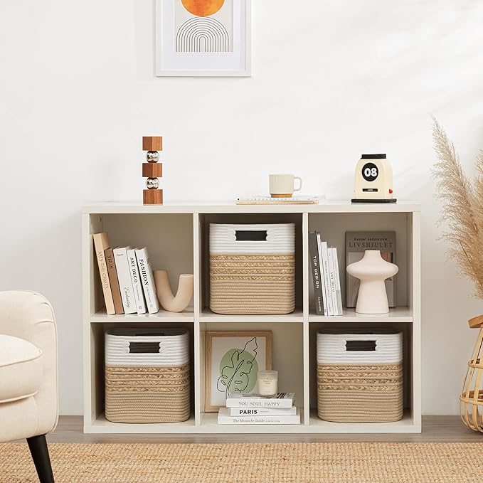 UBBCARE Set of 4 Storage Cubes 13 X 13 X 13 in, Water Hyacinth Storage Bins for Shelves, Toys, Book, Storage Baskets with Handles, Cotton Rope Woven Baskets for Organizing, Brown