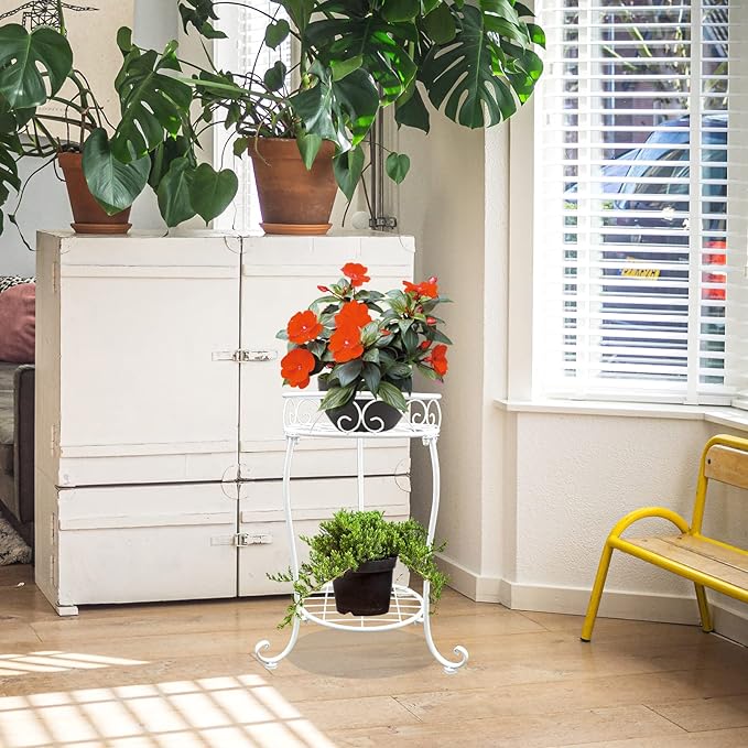White Metal Plant Stand, 18.5 inch Tall 2 Tier Potted Holder Rack, Heavy Duty Flower Pot Shelf for Indoor Outdoor Patio Balcony Corner Garden