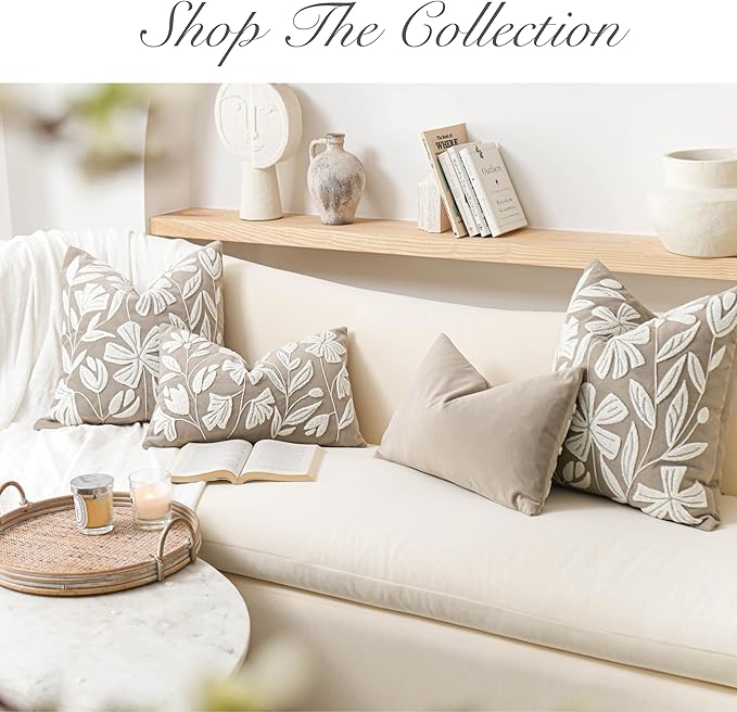 BlissBlush 14x36 Lumbar Pillow Cover for Bed, Taupe Rectangular Long Throw Pillowcase, Embroidered Velvet Floral Tufted Farmhouse Accent Cushion (Cover Only)