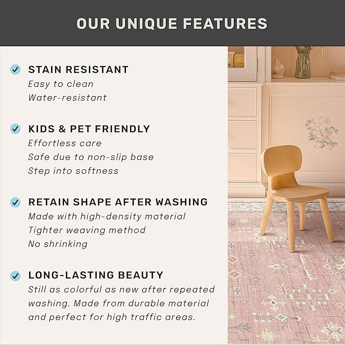 Pink Washable 6x9 Rug for Bedroom - Nursery Floral Girls Room Rug Machine Washable Non Slip Kids Playroom Mat, Cute Girly Thin Low Pile Stain Resistant Living Room Decor
