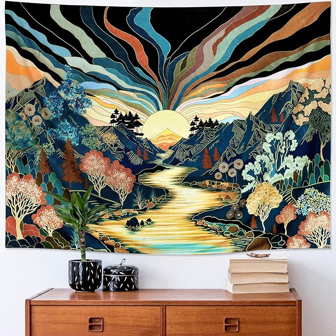 Dermijer Blacklight Forest Mountain Tapestry Sun Tapestry UV Reactive Retro Landscape Tapestries Black Light Watercolor Flower Trees Wall Art Tapestries Wall Hanging for Home Decor 78.7L x 59.1W