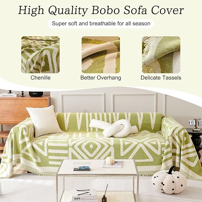 ROOMLIFE Green Boho Couch Cover for 3 Cushion Couch L Shape Sofa Covers for Sectional Sofa Reversible Silpcover for Dogs Washable Chenille Furniture Protector for Living Room, 71"x134"