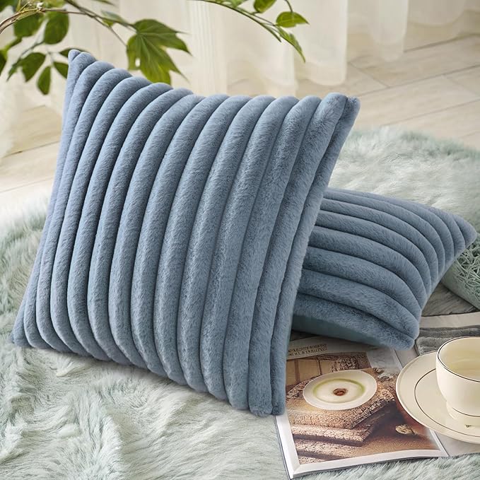decorUhome Cozy Faux Fur Throw Pillow Covers 26x26 Set of 2 Decorative Soft Plush Striped Modern Farmhouse Boho Couch Euro Sham Pillow Cases with Velvet Back for Sofa Bed Living Room, Grey Blue