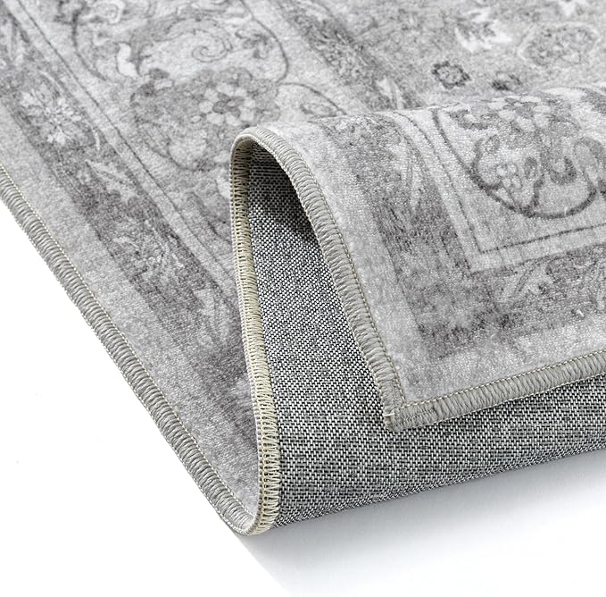 Gray 8x10 Area Rug Washable Living Room Vintage Carpet Bedroom Large Indoor Non Slip Soft Low Pile Thin Stain Resistant Distressed Accent Throw Rug for Dining Office Nursery