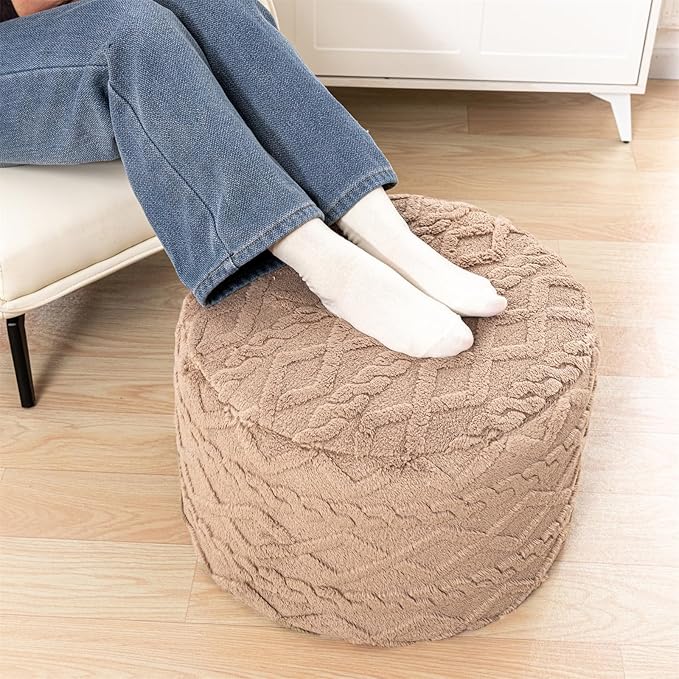 Round Ottoman Stuffed 20x12 Inches Floor Pouf Chair for Living Room Bedroom Modern Foam Pouf Ottoman Foot Rest for Couch Home Décor Pouffe (Light Coffee Pouf with Filler)