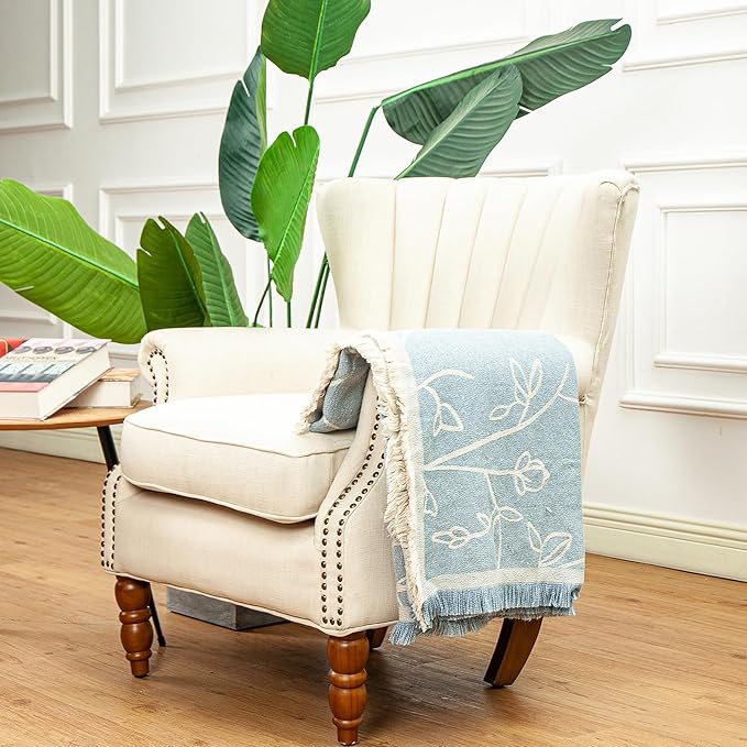 LALIFIT Boho Chic Decorative Throw Blanket Vintage Woodland Floral Bird Design with Tassels Soft Cotton Lightweight & Cozy for Home, Couch, Sofa, Farmhouse 50x60 Inches (Sky Blue)