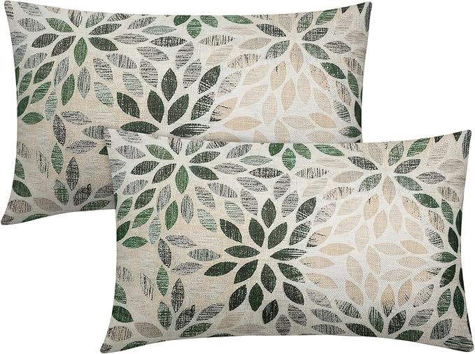 Kawani Green Dahlia Lumbar Pillow Covers 12X20 Inch Rustic Geometric Flower Decorative Pillow Cases Set of 2 Beige Tan Gray Floral Throw Pillows for Cushion Sofa Couch Farmhouse Outdoor