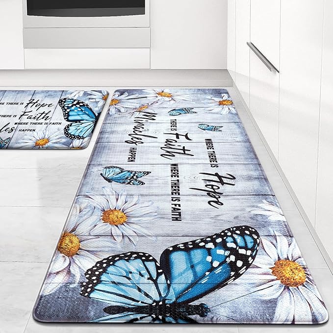 Likiyol Butterfly Floral Kitchen Rugs 2 Piece Farmhouse Kitchen Mats Cushioned Anti Fatigue, Non Slip Washable Kitchen Mats for Floor White Daisy Comfort Mat for Home Sink, 18'' x 30'' + 18'' x 48''