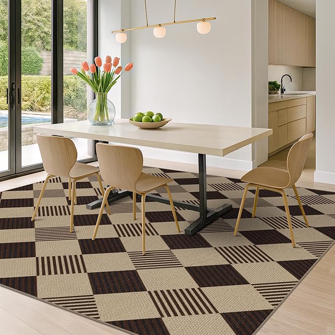 JTJ Easy Jute Diamond 8x10 Area Rug for Living Room - Checkered Plaid Rug for Patio, Bedroom, Home Office, Woven Low Pile Washable Beige Black Geometric Front Porch Décor