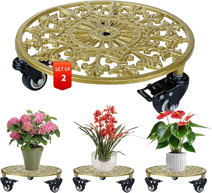 2 Pack 11 Inch Gold Metal Plant Caddy with Wheels, Round Rolling Plant Stand Heavy Duty Indoor Outdoor Planter Dolly, Plant Pot Mover for Large Flower Pots and Planters