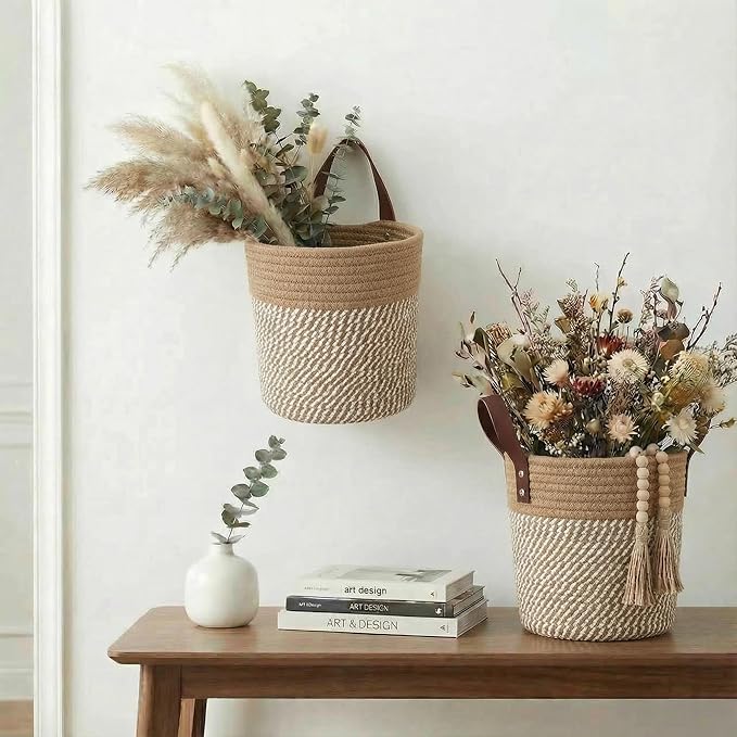 2Pack Natural Jute Hanging Baskets 7 * 8 in, Round Woven Wall Decor & Storage Planter for Plant Decor and Home Organization,Walls Basket for Bedroom, Living Room, Bathroom,Boho Decor (Brown)