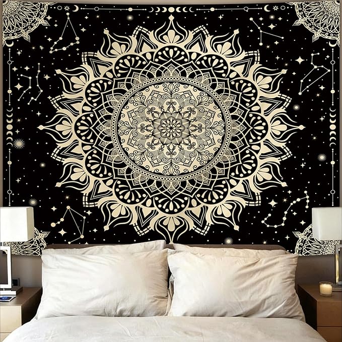 Apdidl Boho Black Mandala Tapestry for Bedroom Aesthetic, Hippie Decor Space Astrology Wall Art Ceiling Tapestries, Vintage Bohemian Indian Golden Blanket Wall Hangings for Living Room 51" X 60"