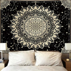 Apdidl Boho Black Mandala Tapestry for Bedroom Aesthetic, Hippie Decor Space Astrology Wall Art Ceiling Tapestries, Vintage Bohemian Indian Golden Blanket Wall Hangings for Living Room 71" X 90"