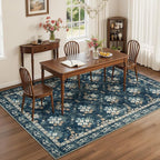 Lessymo Dining Room Rugs for Under Table, 6x9 Washable Area Rug for Living Room, Low Pile Non-Slip Floor Carpet for Bedroom, Stain Resistance Vintage Floral Design Décor, Navy/Beige