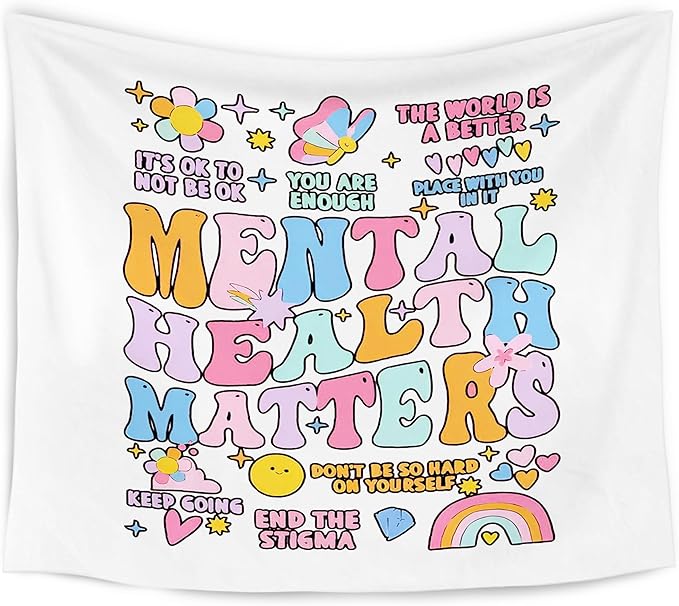WARDOS Mental Health Matters Tapestry, Boho Trendy Mental Health Tapestry Wall Hanging, Inspirational Psychology Wall Blanket Decor for Therapy Office Classroom Girls Bedroom, 50x60 Inch