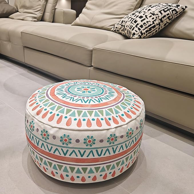 MOCOFO Round Bohemian Ottoman Pouf Cover, 18 Inch, Cotton Blend, Church Window Print, Living Room Storage Footrest, Cover Only (Pink Ink)