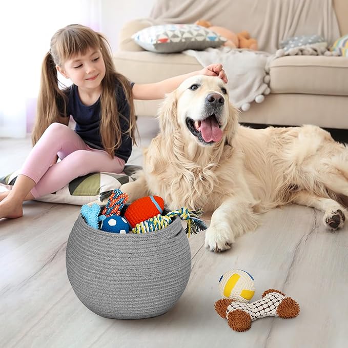Gray Storage Basket for Decor, Round Plant Basket Indoor, Cute Baby Nursery Organizer, Small Wicker Cat Dog Toy Bin Box, Decorative Woven Cotton Rope Closet Bin, Kids Stuffed Animals Storage