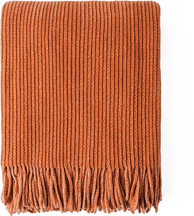 BATTILO HOME Rust Orange Throw Blanket for Couch, Soft Chenille Knit Throws with Tassels for Home Decor, Fall Caramel Throws for Couch Cover, 60"x80"