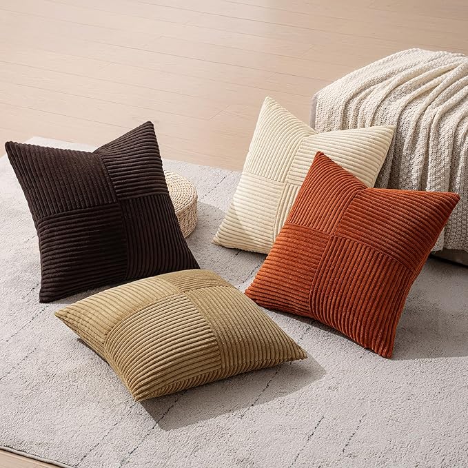 MIULEE Brown Beige Throw Pillow Covers 20x20 Inch Set of 4 Boho Farmhouse Cushion Cases for Livingroom Couch Bed Soft Corduroy Pillow Cases with Invisible Zipper Home Decor