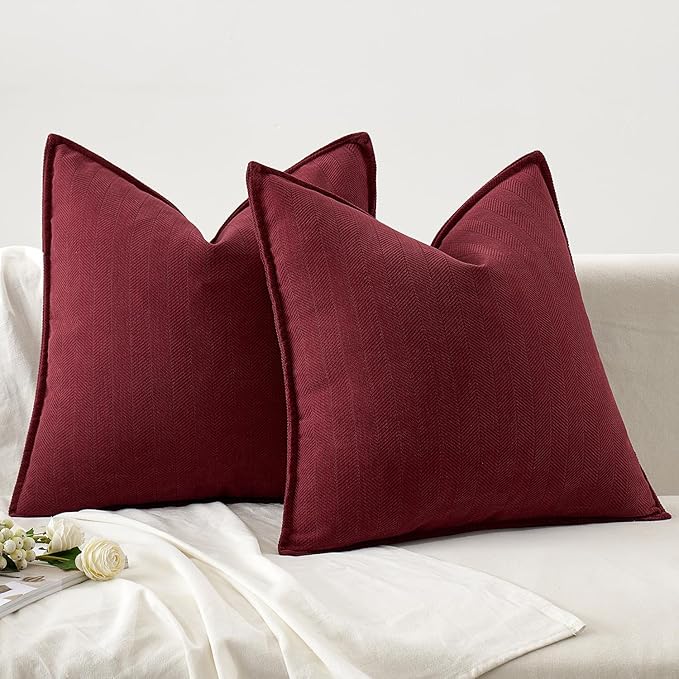 MIULEE Pack of 2 Burgundy Decorative Pillow Covers 18x18 Inch Soft Chenille Luxurious Couch Throw Pillows Farmhouse Cushion Covers with Elegant Design for Sofa Bedroom Living Room Decor