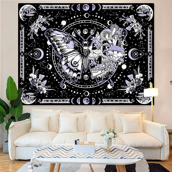 Fungarth Skeleton Butterfly Tapestry Purple Skull Hippie Mushroom Plants Tapestry for Bedroom Moon phase Aesthetic Tapestries Wall Hanging for Living Room Dorm (68.00” x 90.00”, Purple)